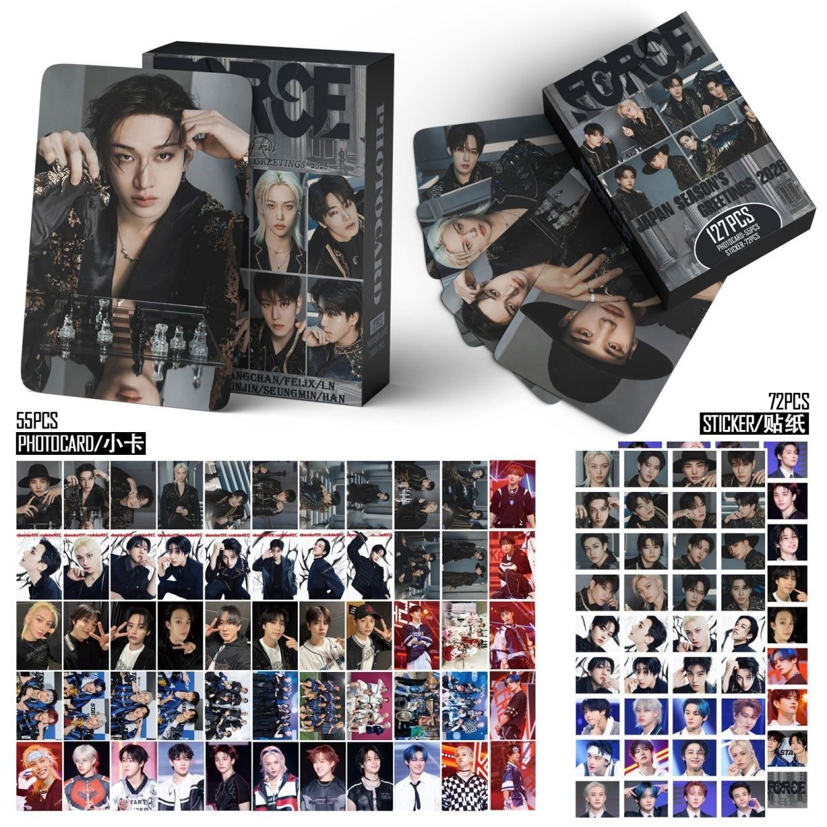 STRAY KIDS MERCH PHOTOCARDS FORCE SAISON GREETINGS 2026 KIT 127 PCS (55 PHOTOCARDS + 72 AUTOCOLLANTS)